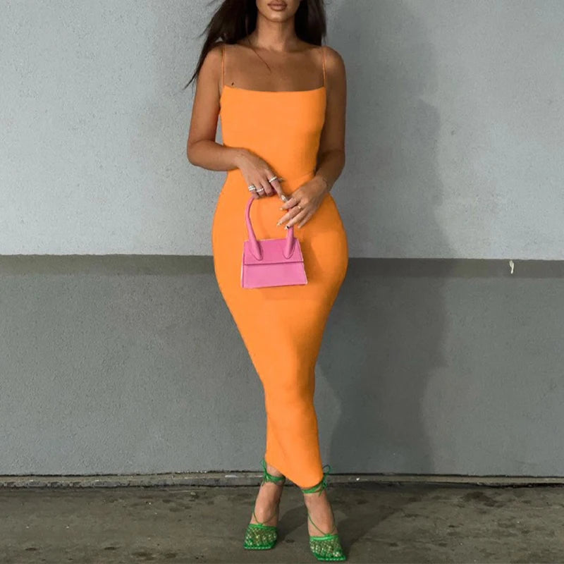 Summer New Strap Dresses Solid Sexy Women Streetwear Sheath Sleeveless Bodycon Dress Casual  Elegant Party Ankle-Length Dresses