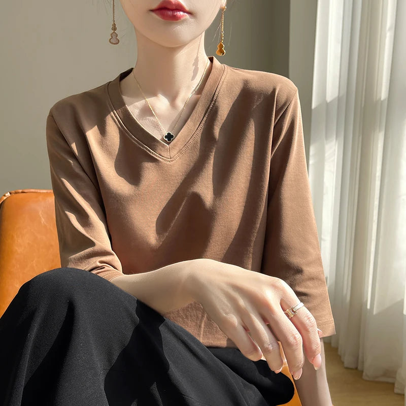 Spring And Summer New Cotton V-neck T-shirt Short-Sleeved Women's Half-Sleeve Bottoming Shirt High-End Cropped Sleeve Top