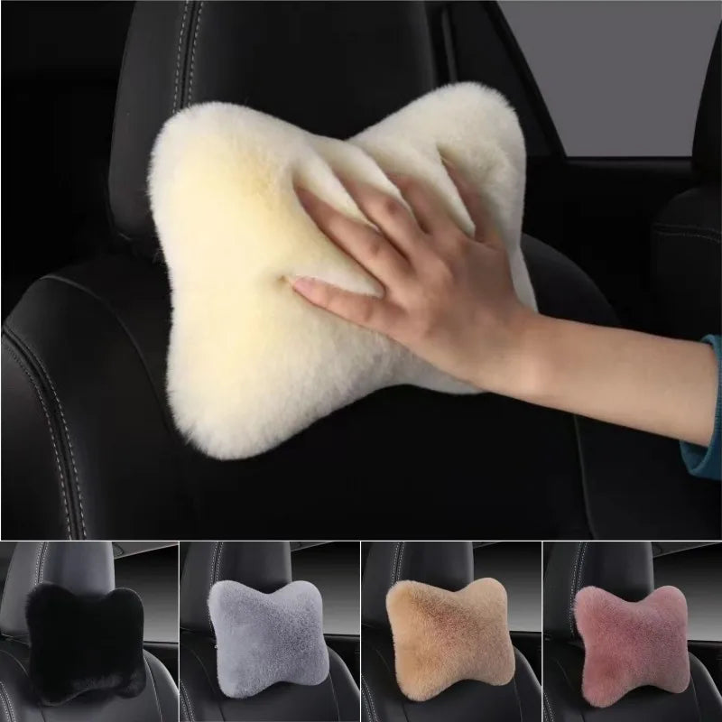 1pc Car Headrest Lumbar Pillow - Soft Imitation Rabbit Plush Comfort Cushion for All Seasons, Ergonomic Driver Support Headrest