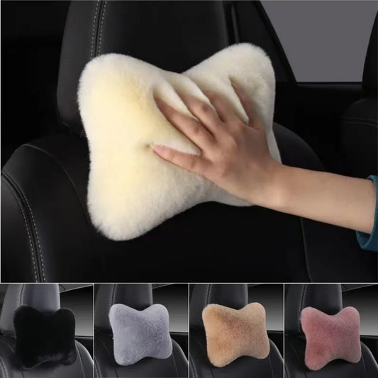 1pc Car Headrest Lumbar Pillow - Soft Imitation Rabbit Plush Comfort Cushion for All Seasons, Ergonomic Driver Support Headrest