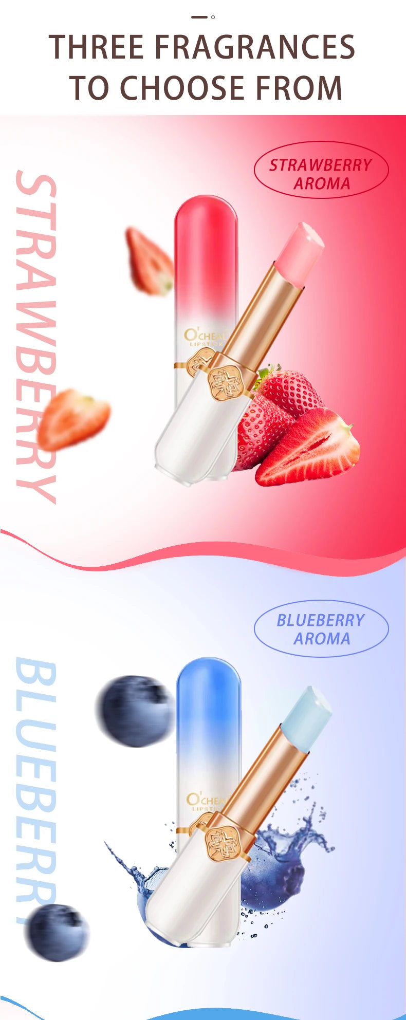 O'CHEAL Color Changing Fruit Lip Balm – Moisturizing Waterproof Temperature Changing Lipstick | Strawberry, Blueberry & Peach