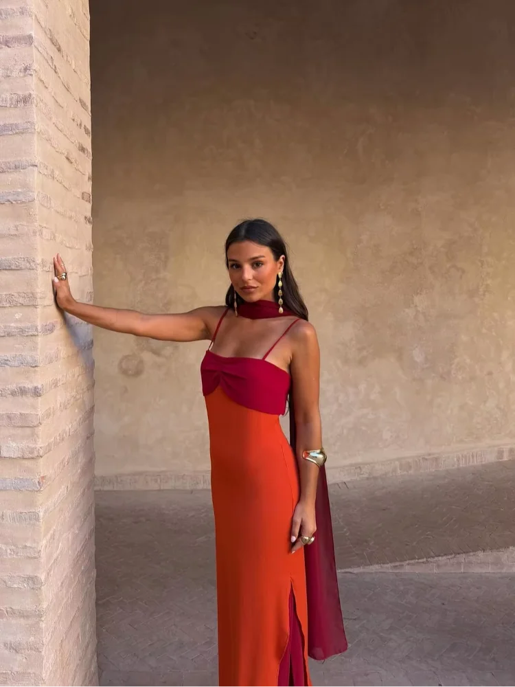 Women's Color-Block Halter Maxi Dress — Backless Off-Shoulder Party Gown