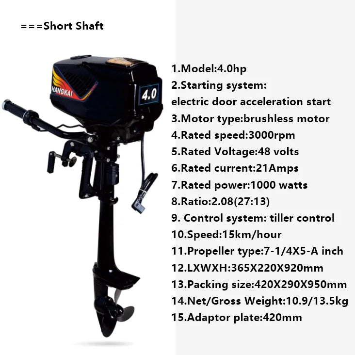 1000W 48V HANGKAI Fishing Boat 4HP Electric Outboards Short/Long Shaft Heavy Duty Marine Motor Engine Propeller Trolling