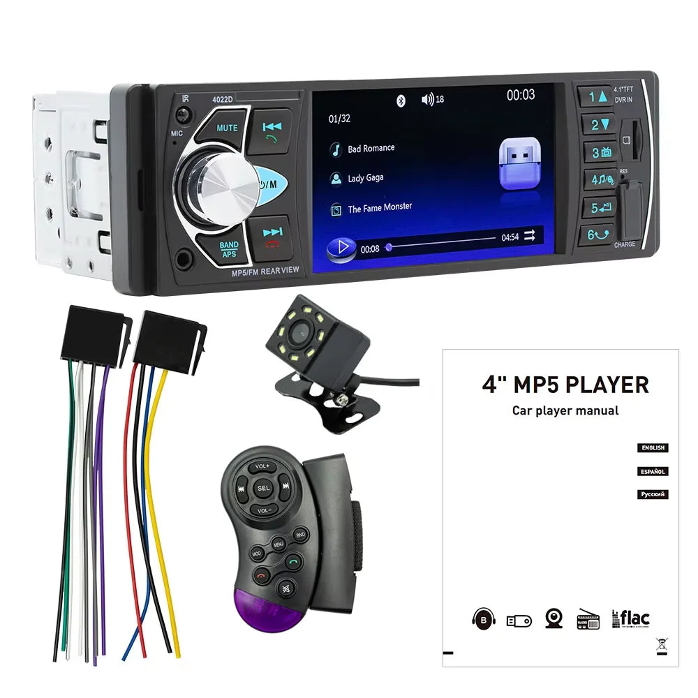 BQCC 4" 1-DIN Car MP5 Player — Bluetooth, USB/TF, FM Radio, Reverse-Camera Input, 7 Colour Lights