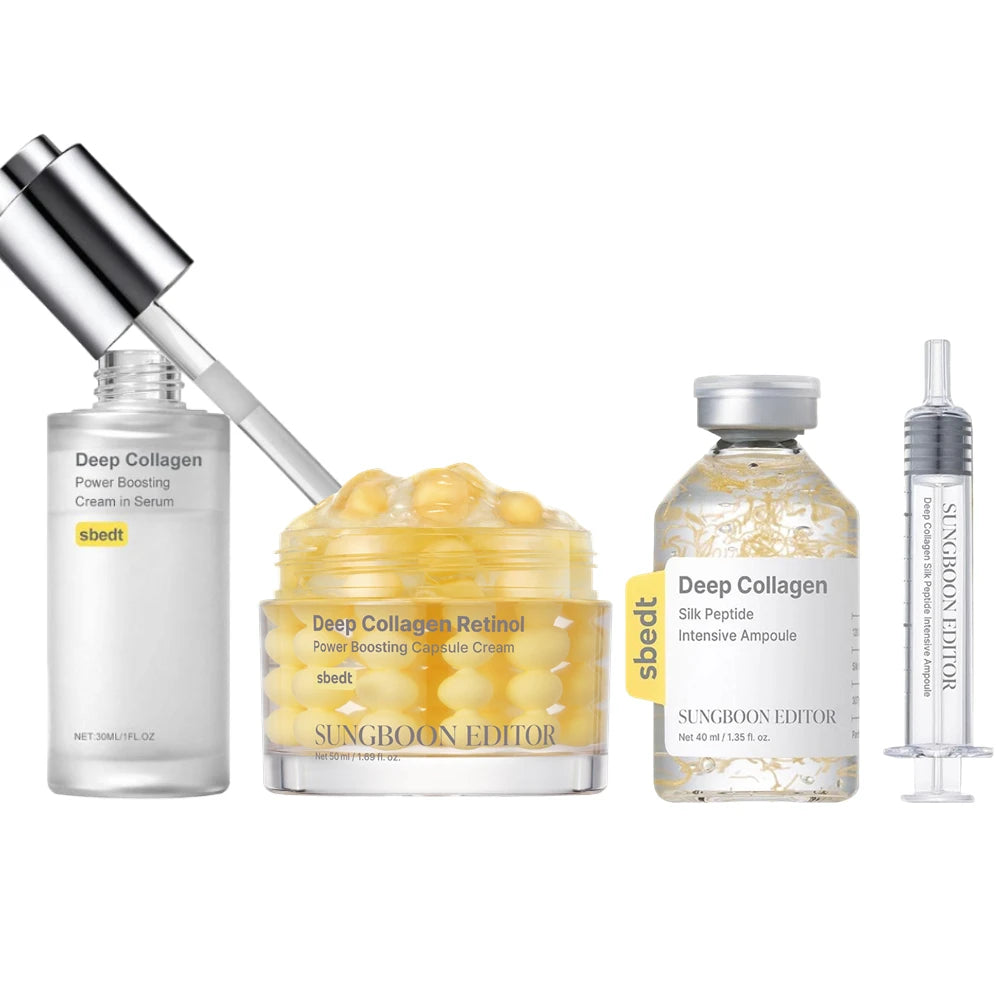 Korean Deep Collagen Skin Care Set – Silk Peptide Ampoule, Boosting Serum & Retinol Capsule | Fade Fine Lines