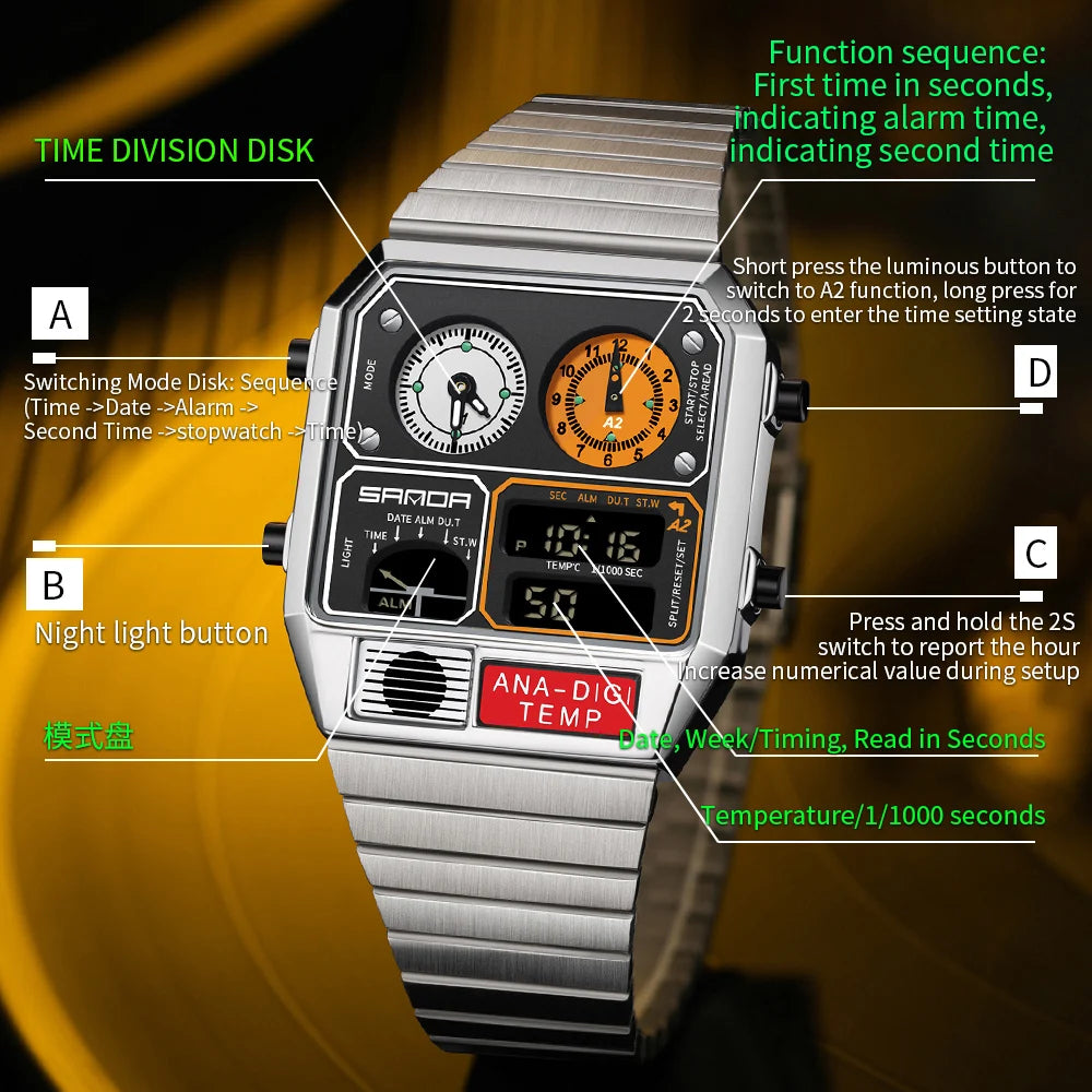 SANDA Fashion Hot 3192 Men Watch Thermometer Stopwatch Timing Men's Digital Wristwatch Multifunctional Waterproof Man Watches