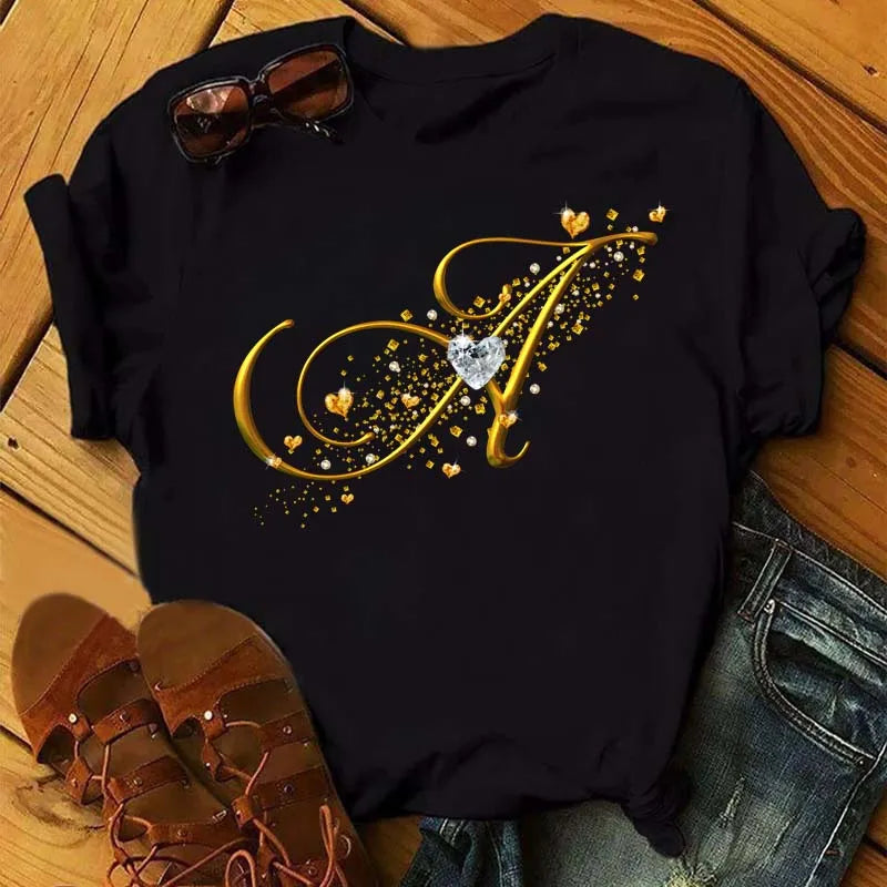 Women's Personalized Letter Graphic Tee — Gold Diamond-Font Monogram Short-Sleeve Top