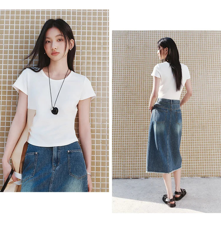 Semir Short Sleeve T-Shirt Women Cropped Slim Fit Shoulder Fit Design 2026 New Summer Embroidered Top Versatile for Chic Outfits