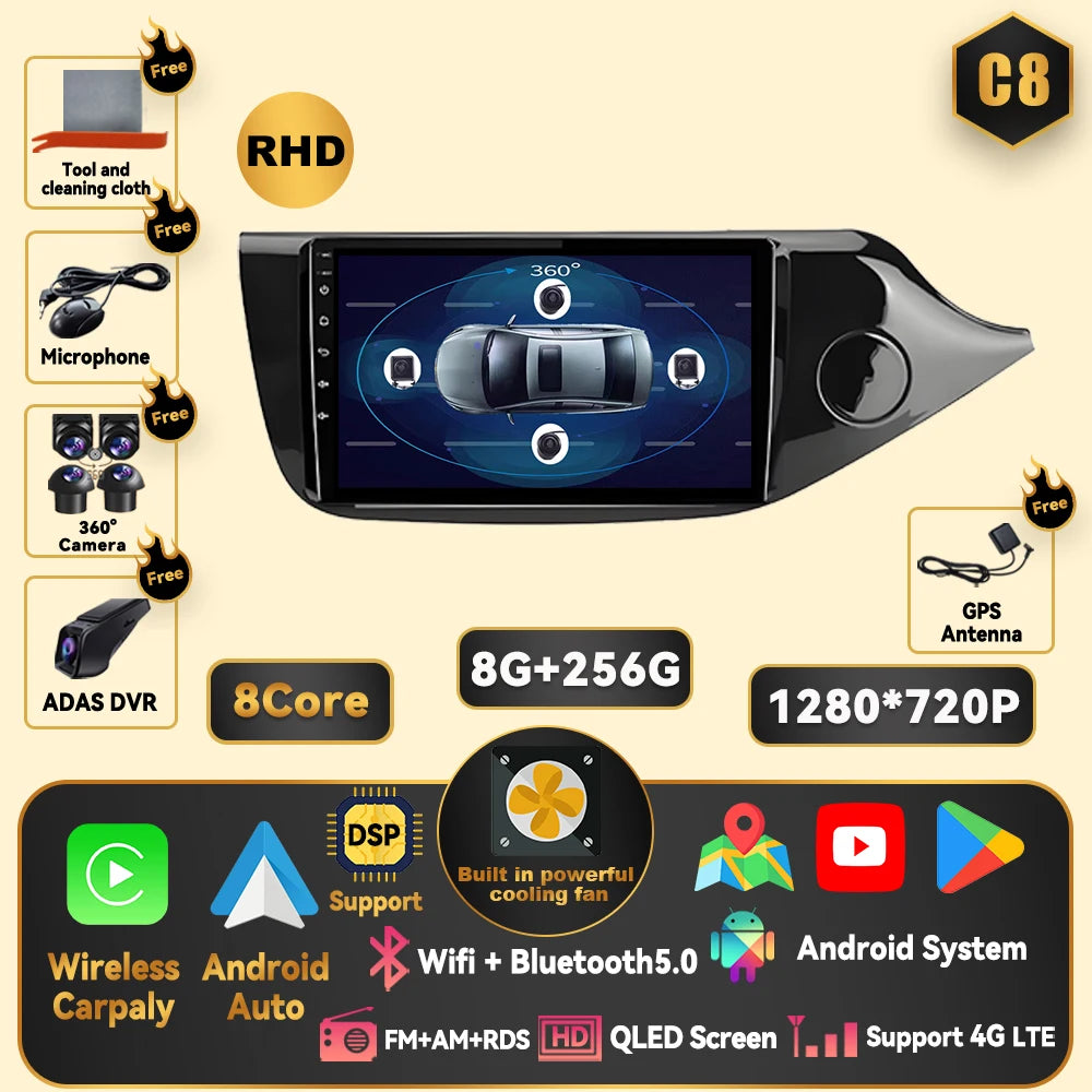 Android 15 Carplay For Kia CEED 2 JD 2012 - 2018 Car Radio Stereo Multimidia Player GPS Bluetooth DSP 2din Stereo QLED Screen