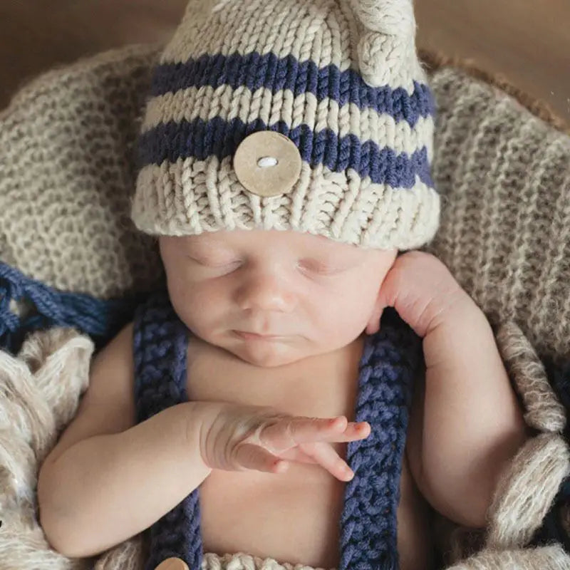 Newborn Striped Knit Hat and Jumpsuit Set - Baby Photo Outfit - photo 2