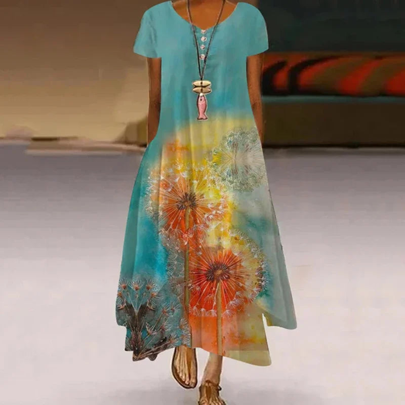 Women's Dandelion-Print Dress - Short Sleeve, Casual Summer Midi