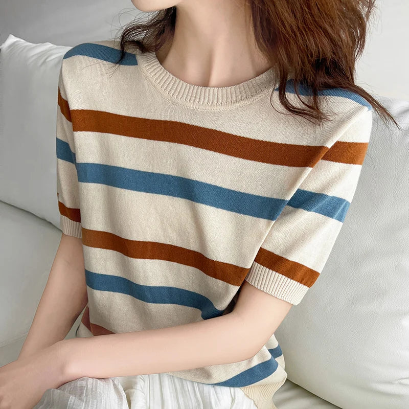 Women's Striped Knit T-Shirt — 100% Cotton Round-Neck Loose Pullover Top