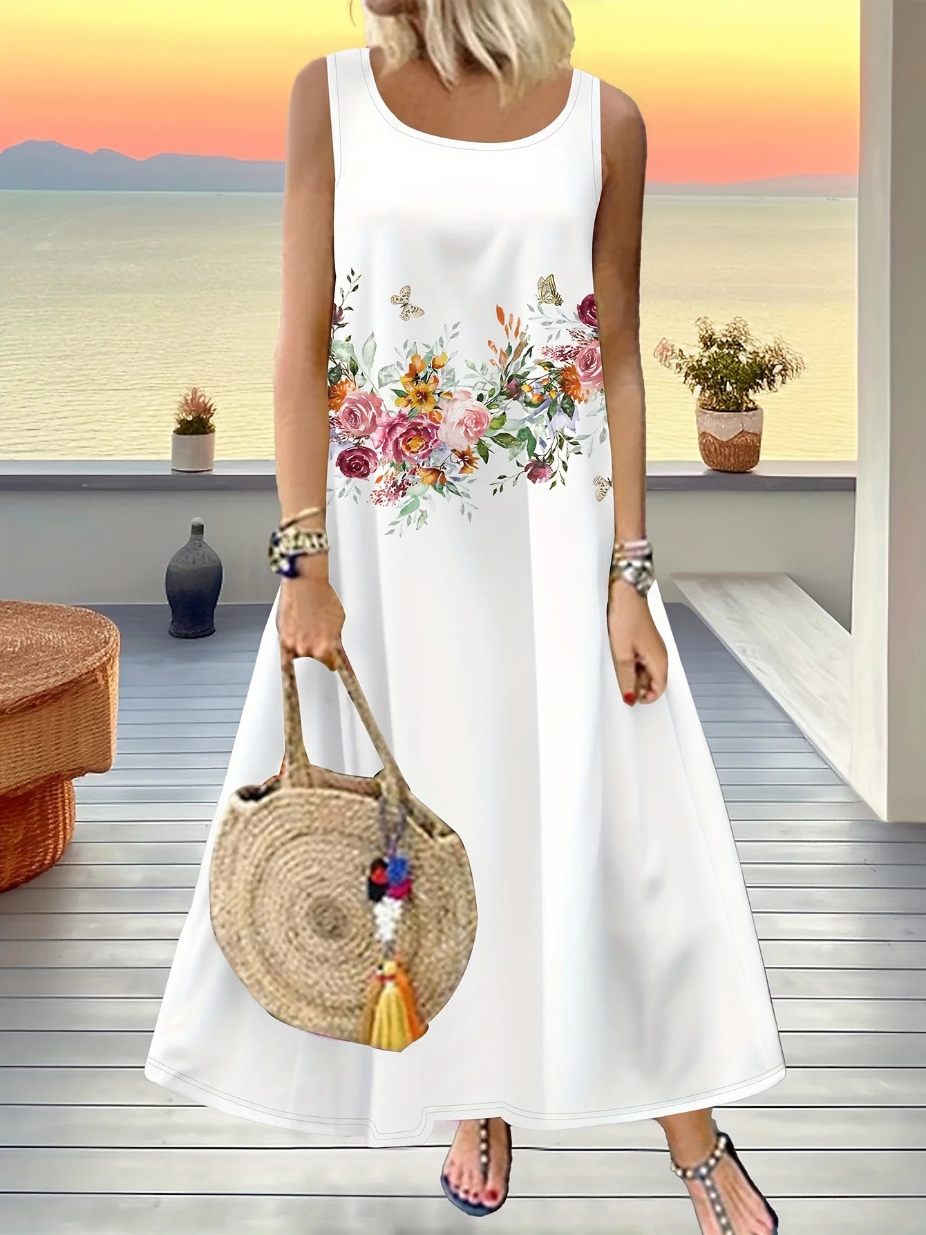 Bohemian Vacation Sunflower Ethnic Print Round Neck Dress Loose Vacation Long Dress Dopamine Dress Light Mature Maxi Dresses