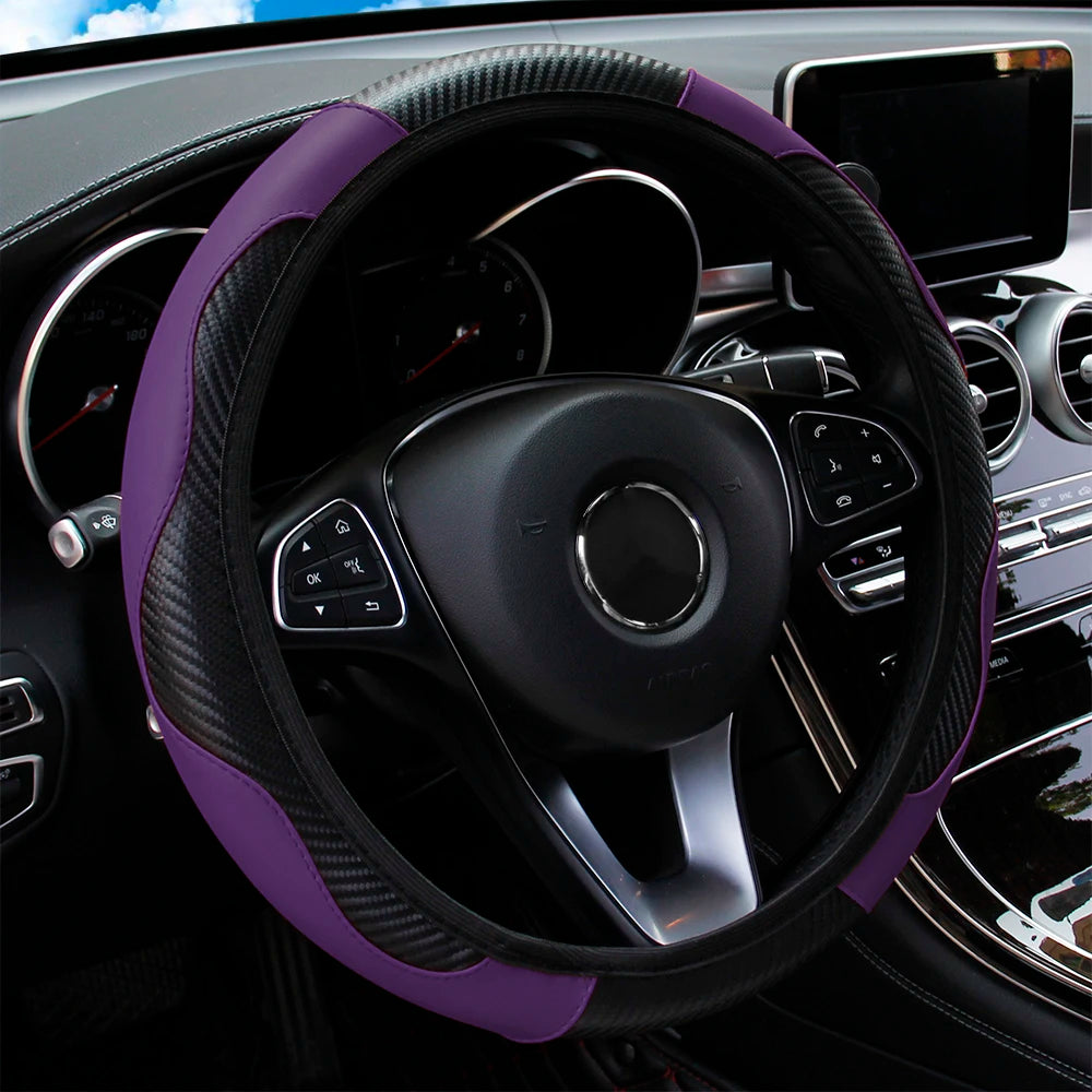 Carbon Fiber PU Leather Steering Wheel Cover – Universal Fit 14.5–15 Inch | Anti-Slip Car Interior Accessory