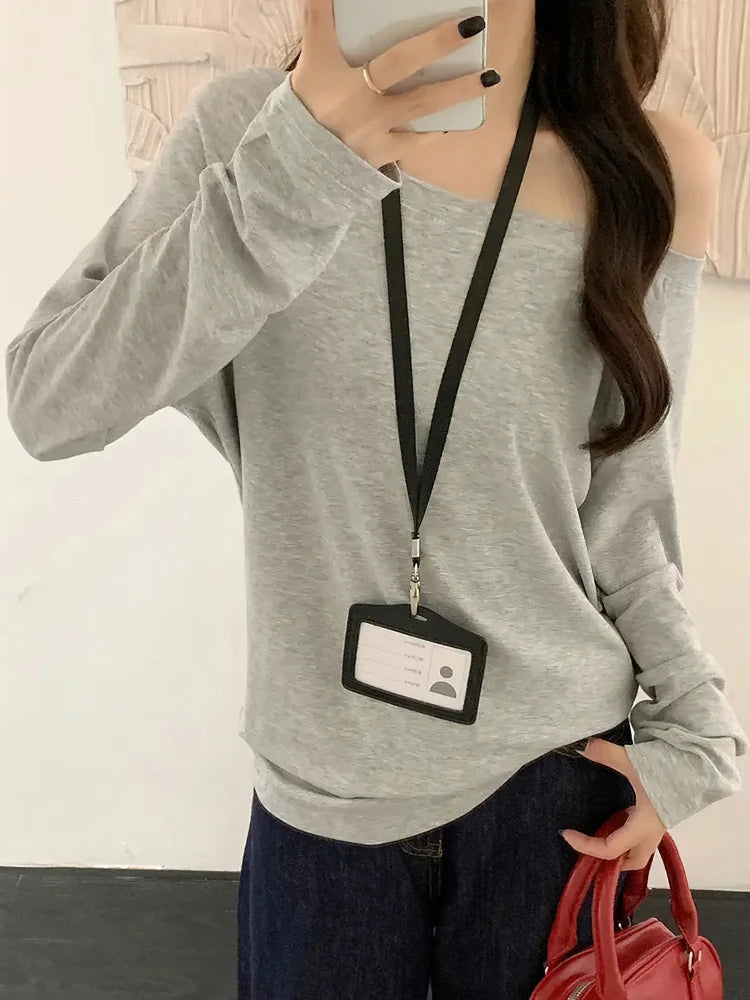 Women's Oversized Off-Shoulder Long-Sleeve Top — Casual Korean Basic Tee