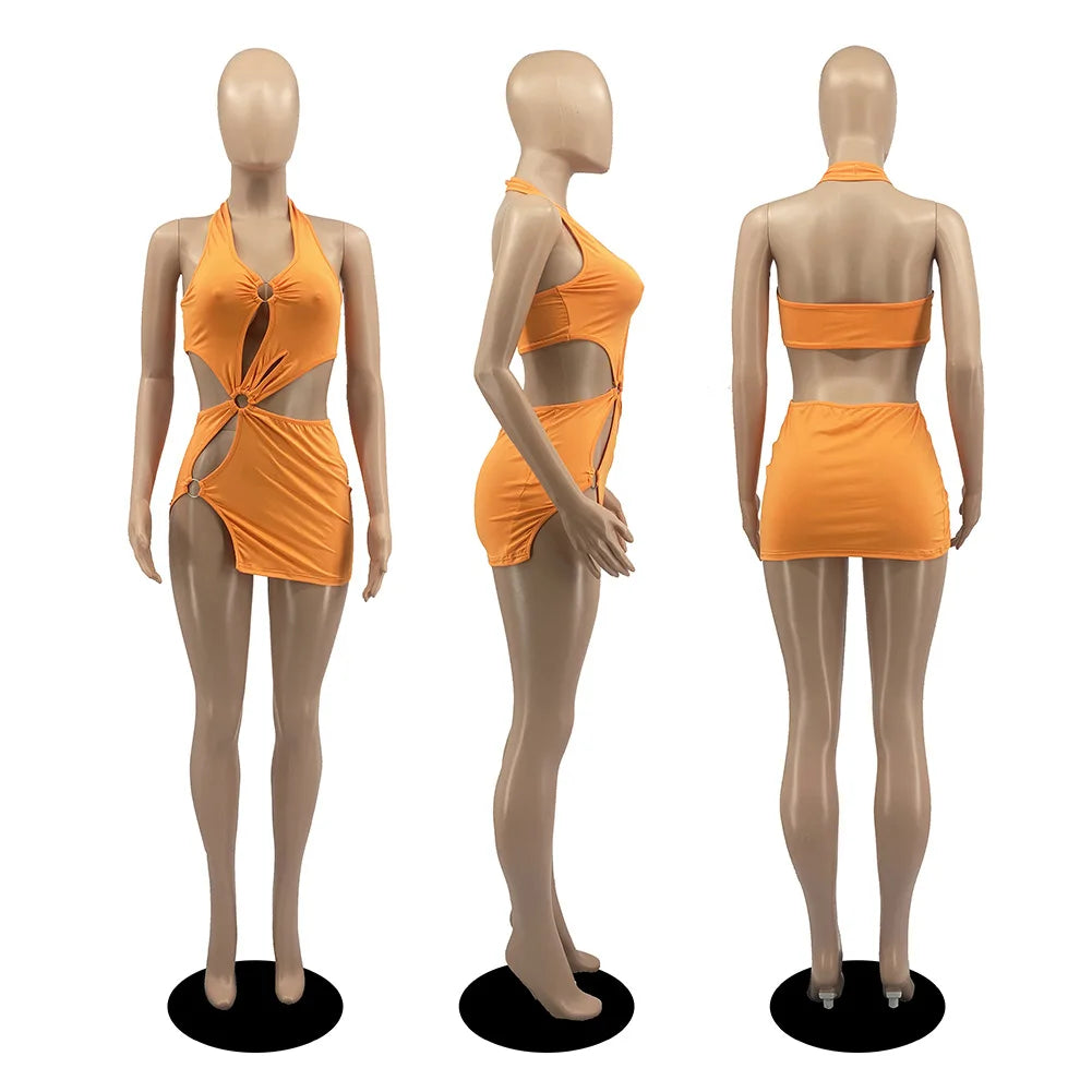 Summer Dresses Woman 2026 High Street Stretch Slim Hollow Sexy Mini Bodycon Dress Elegant Orange Sleeveless Club Party Sundress