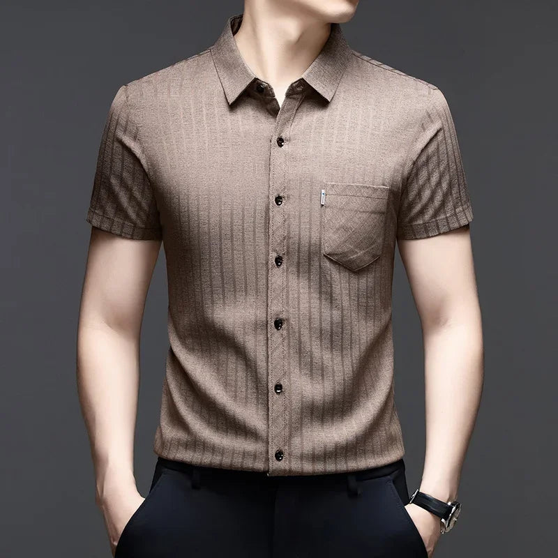 Men's Striped Short-Sleeve Shirt - Button-Down Collar, Chest Pocket