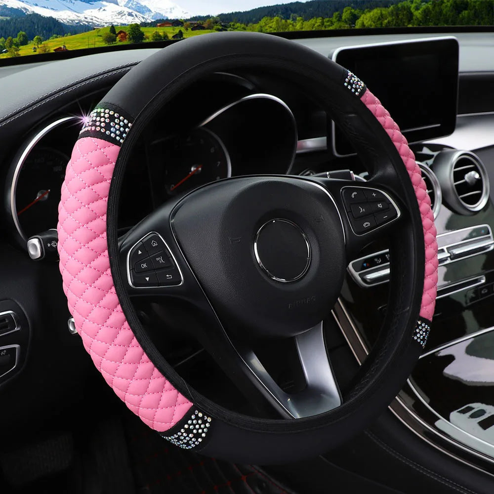 Four Seasons Universal Car Steering Wheel Cover 37-38cm Leather Embroidered Color Diamond-Studded Elastic Steering Wheel Cover