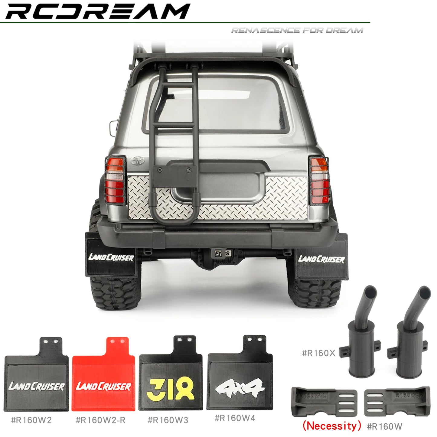 RCDream 1/10 3D Printed Effect Soft Rubber Mud Flap Color TPU Mudguard Film / Tail Exhaust Pipe for FCX10 LC80 TOYOTA Part
