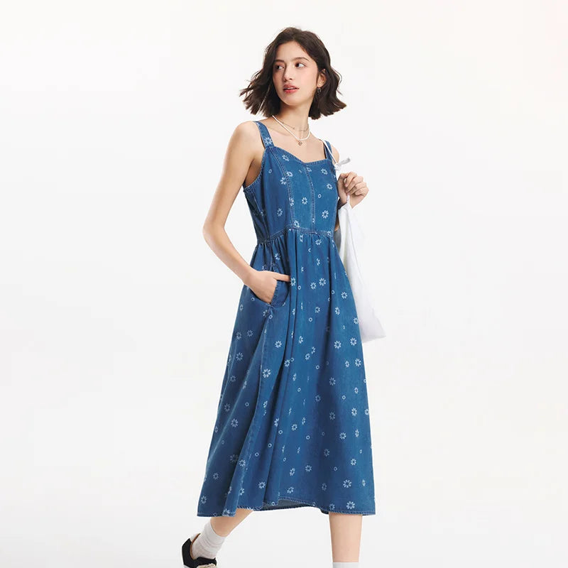 Semir Denim Jumper Dress Women Sweet Cool Trendy 2025 Summer New All Over Print Cotton Pinafore Playful Style