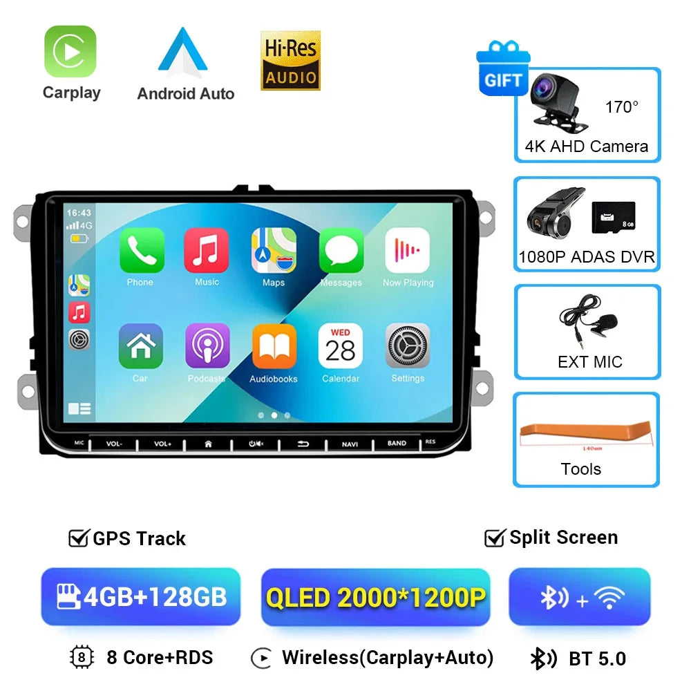 2 Din Android 16 Car Radio 9'' GPS With Carplay For VW/Volkswagen Passat Golf MK5 MK6 Jetta EOS POLO Touran Seat Sharan