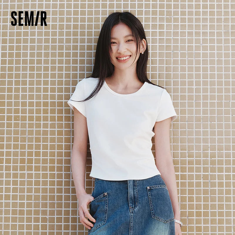 Semir Short Sleeve T-Shirt Women Cropped Slim Fit Shoulder Fit Design 2026 New Summer Embroidered Top Versatile for Chic Outfits