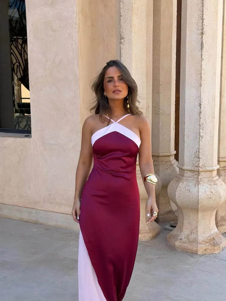 Women's Color-Block Halter Maxi Dress — Backless Off-Shoulder Party Gown