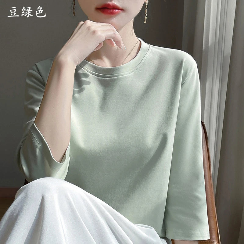 Women's Mercerized Cotton T-Shirt — Loose Round-Neck Half-Sleeve Top