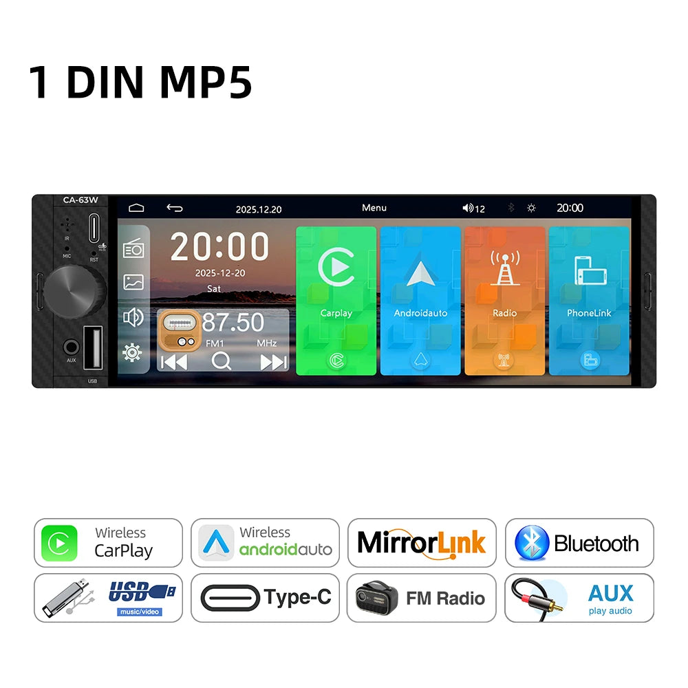 6.5 Inch 1Din MP5 Player Stereo Wireless Carplay Android Auto Airplay Car Radio Bluetooth FM EQ Type-C PD3.0 Fast Charging