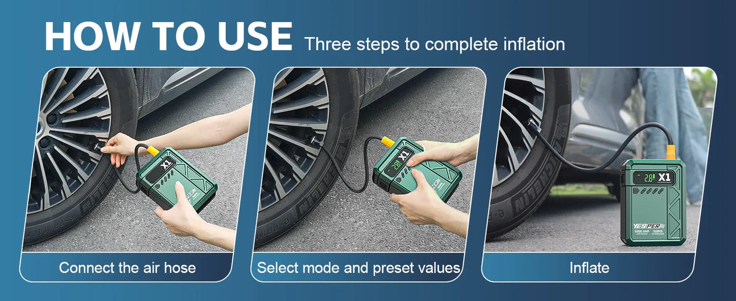 YESPER 2000A Jump Starter with 150PSI Air Compressor, Portable Car Battery Booster & Tire Inflator, Emergency LED Screen