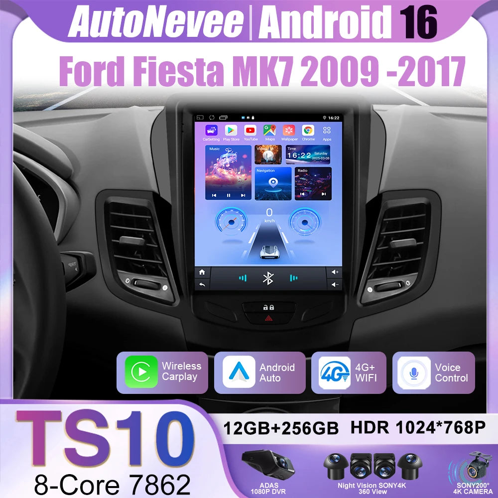 9.7" Android 16 Car Radio Carplay For Ford Fiesta Mk7 2009 2010 2012 2013 2014 2015 2016 Multimedia Player Stereo Screen DVD