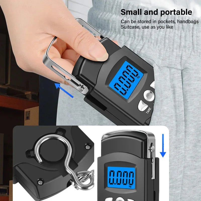 50kg/10g Portable LCD Electronic Hand Scale Travel Hanging Scale with 100cm Long Retractable Measuring Tape