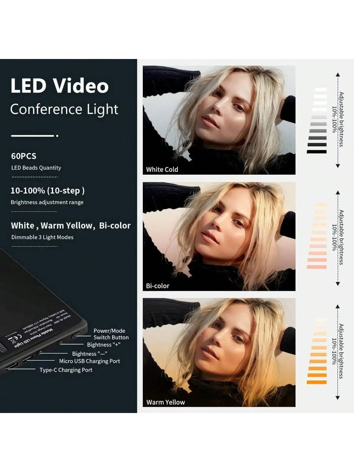 60 LED High Power Rechargeable Clip Fill Video Conference Light with Front & Back Clip, Adjusted 3 Light Modes for Phone, iPhone