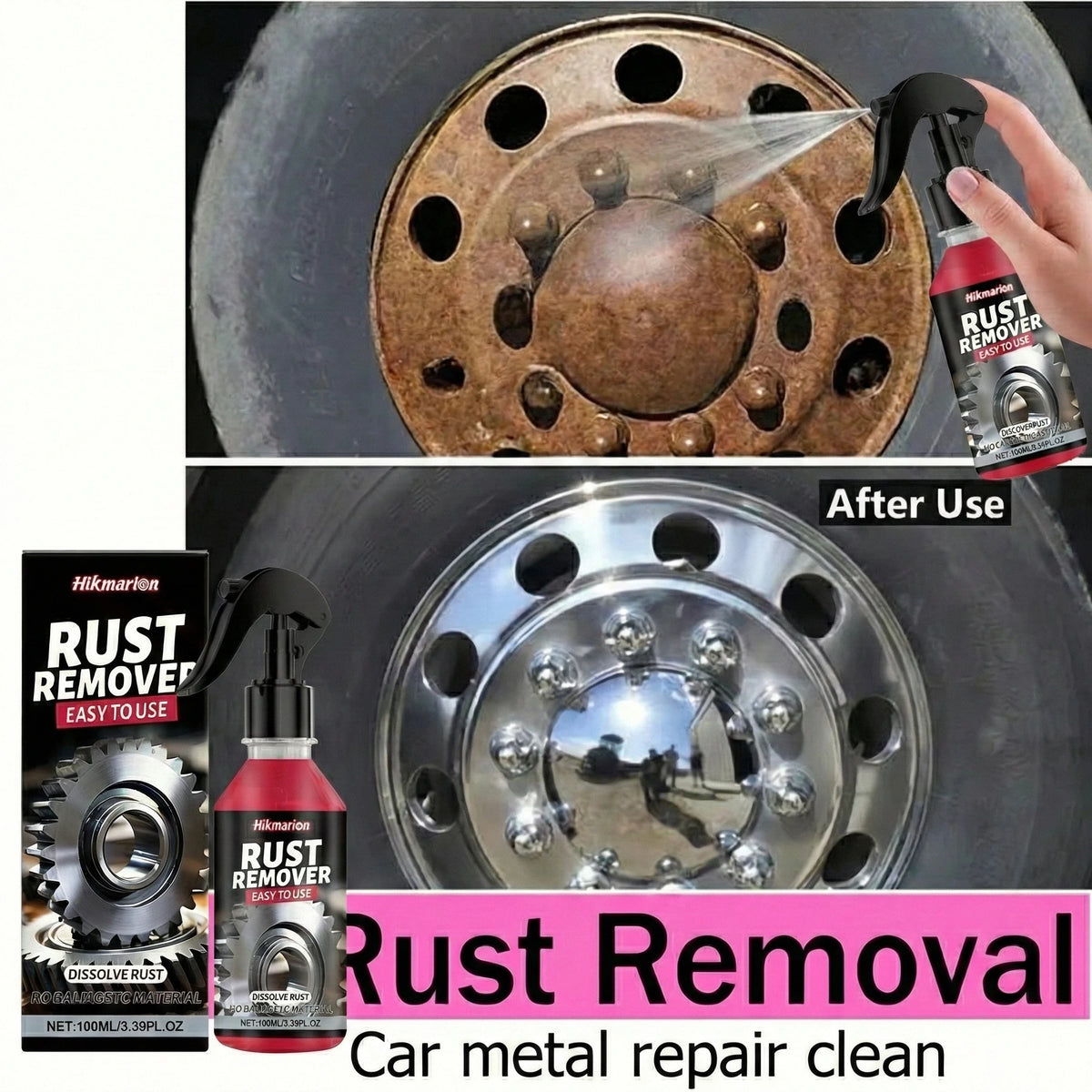 Car Rust Remover Spray, Quick Cleaner for Wheels & Exhaust Pipes, Remove Rust, Iron Powder and Stubborn Stains on Metal Surfaces