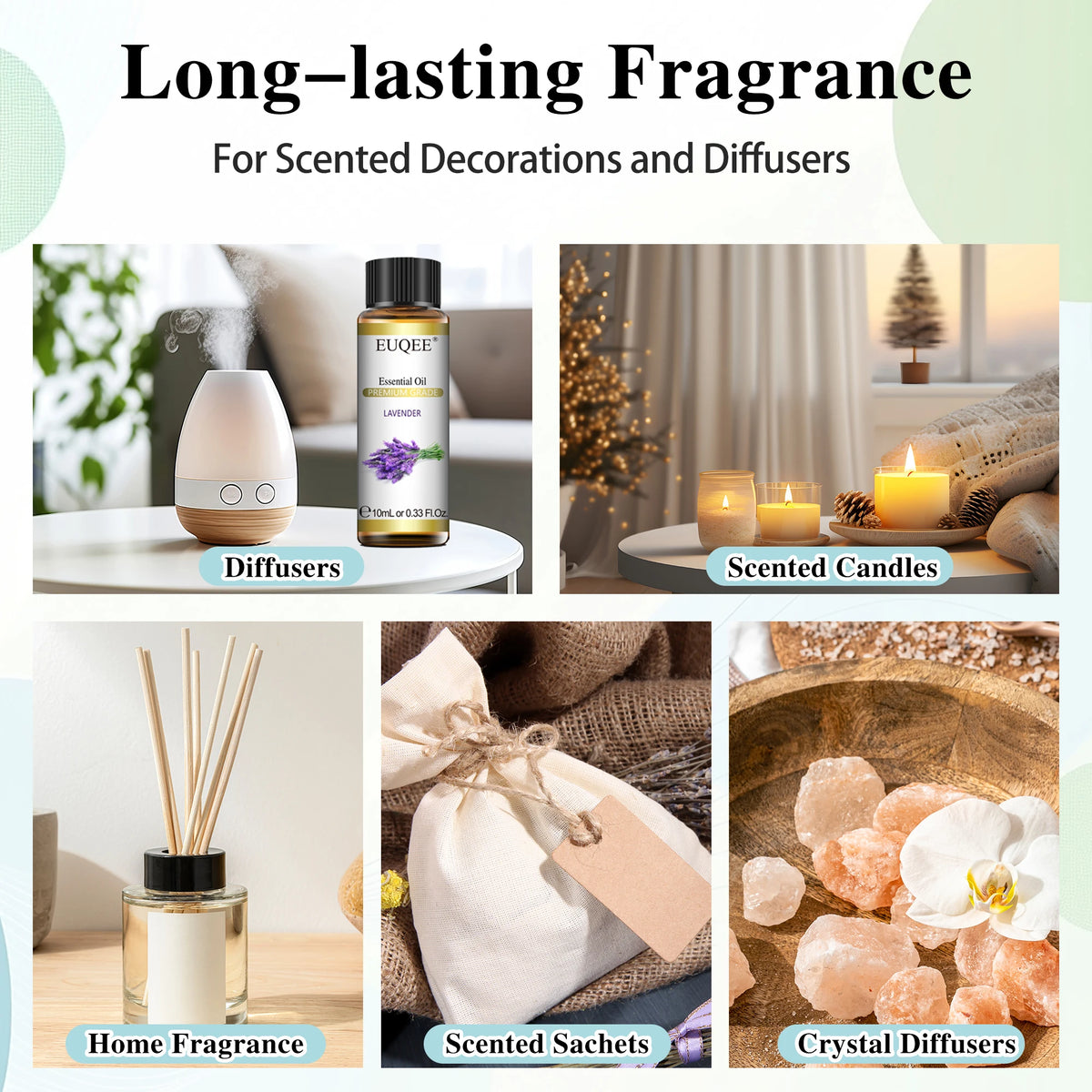 EUQEE Essential Oils Aromatherapy Gift Set-6pcs Pure Aroma Oils for Diffusers DIY Scented Product Lavender Eucalyptus Rose 10mL