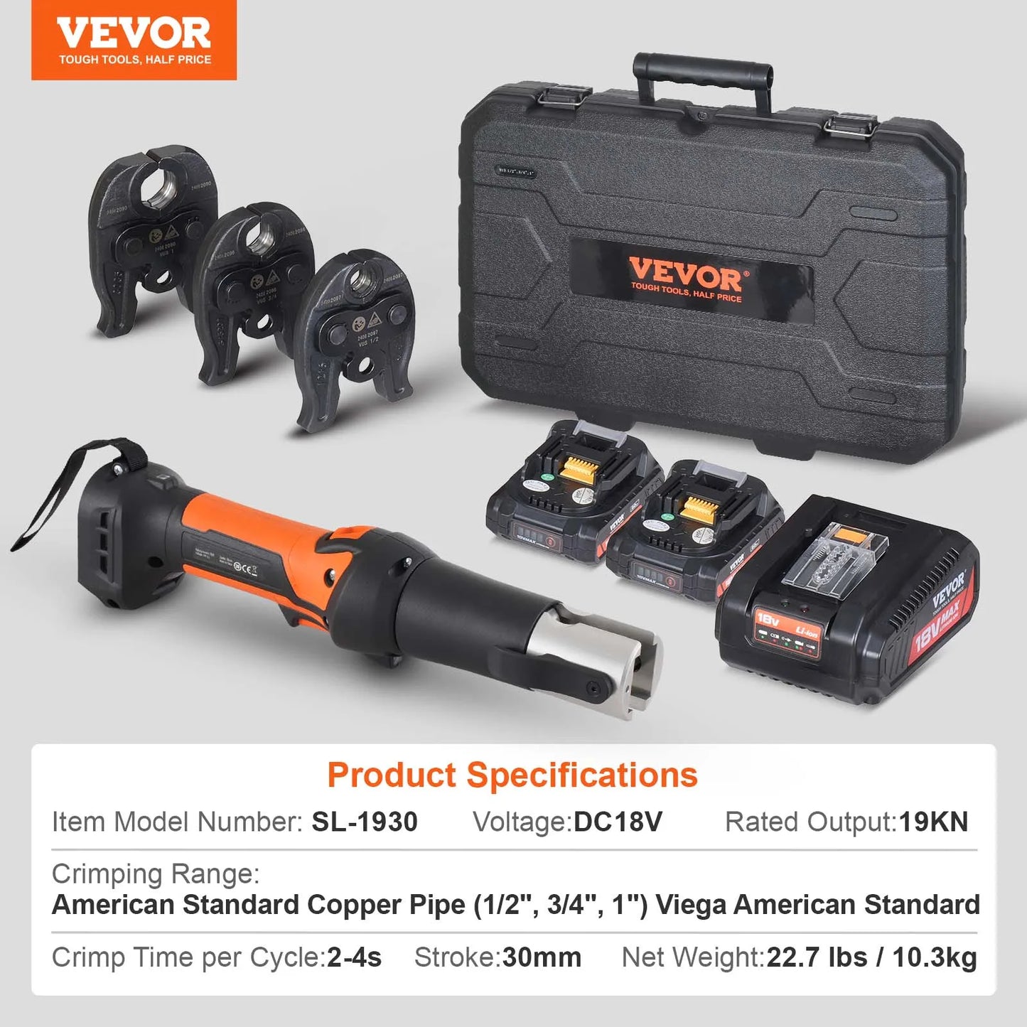 SucceBuy Pro 18V Electric Pipe Crimping Tool – 1/2" 3/4" 1" Copper Pipes | 3 Jaws & 2 Batteries Kit