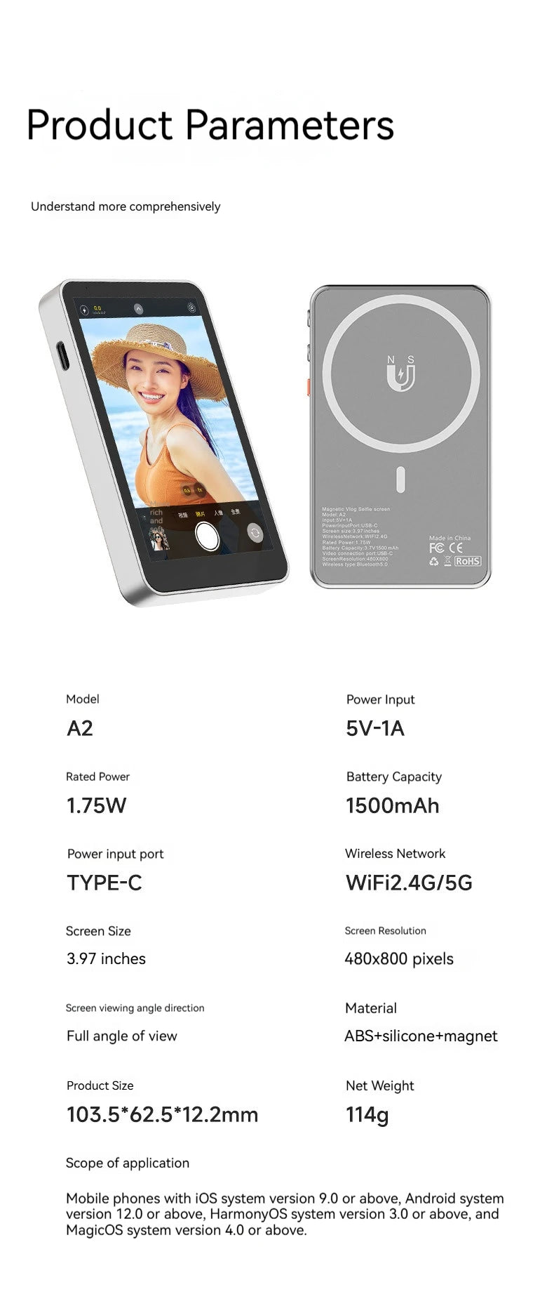 Magnetic Phone Selfie Monitor Screen,For IPhone And Android Smartphones Rear Camera For Real-time Selfie Video Streaming