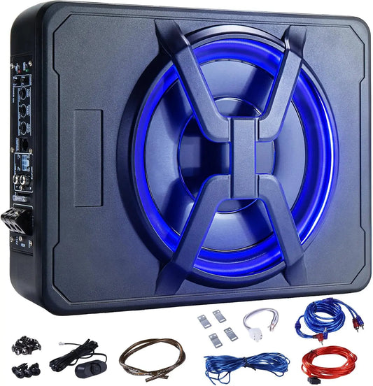 1000W 10" Slim Under Seat Subwoofer Spider Style Powered Bass Speaker with Amplifier Blue Light for Car Truck SUV