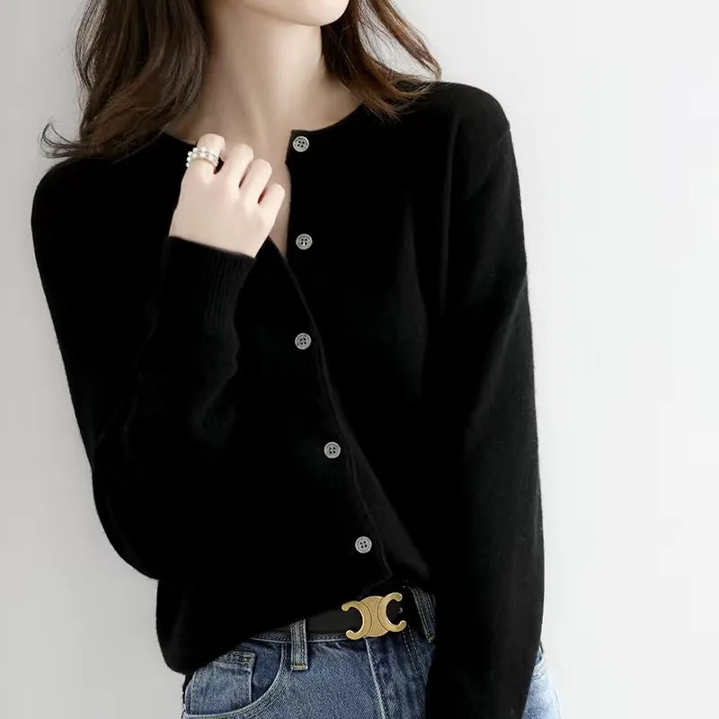 Women's Button-Up Knit Cardigan - Crew Neck Solid Sweater - photo 3