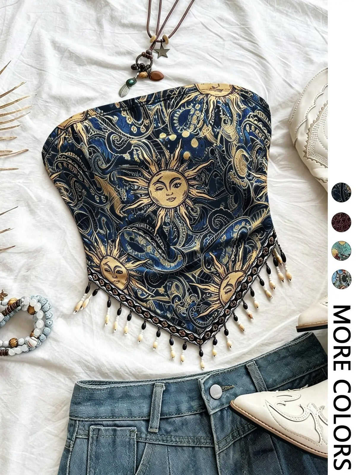 Ladies' 1pc Printed Mesh Knitted Tube Top with Triangular Hem And Beaded Fringe Trimmings - photo 6