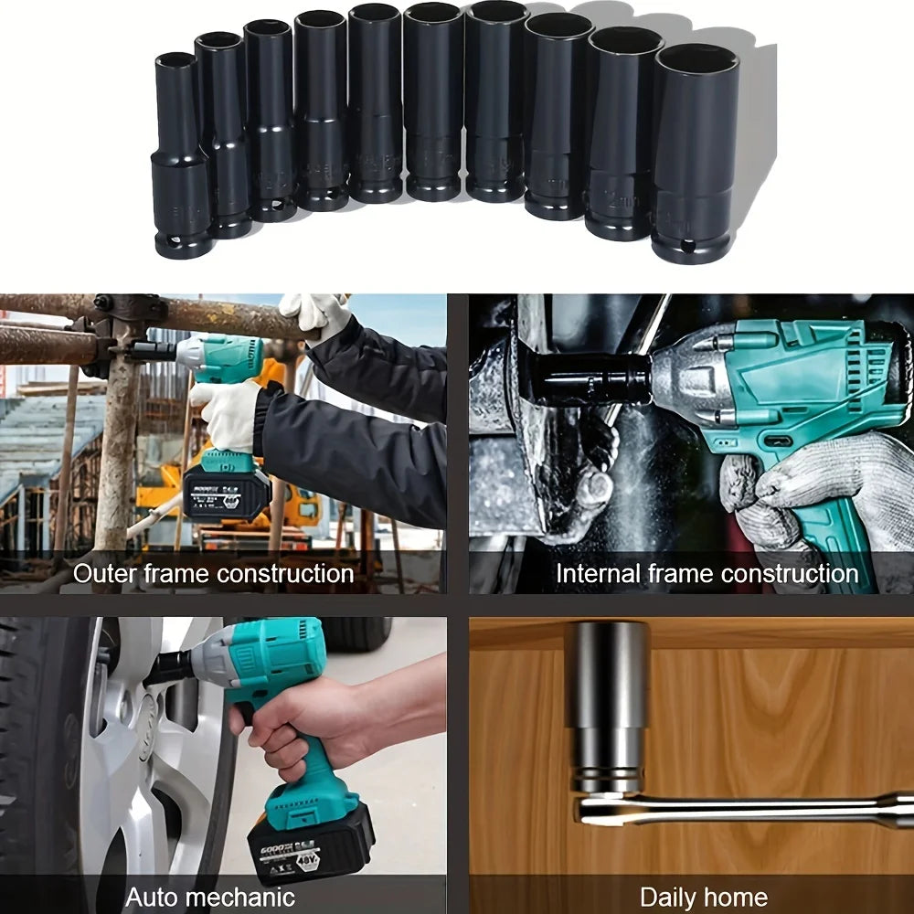 10-Piece Impact Wrench Socket Adapter Set – 8–24mm 1/2" Power Tool Sockets for Auto Repair
