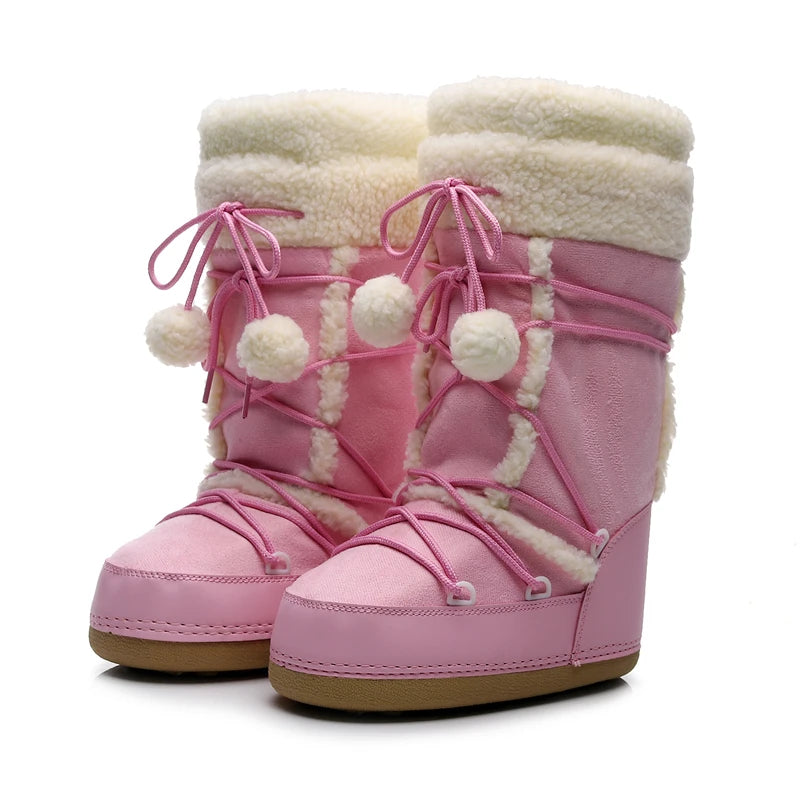 Women's Pink Plush Lace-Up Snow Boots, Platform