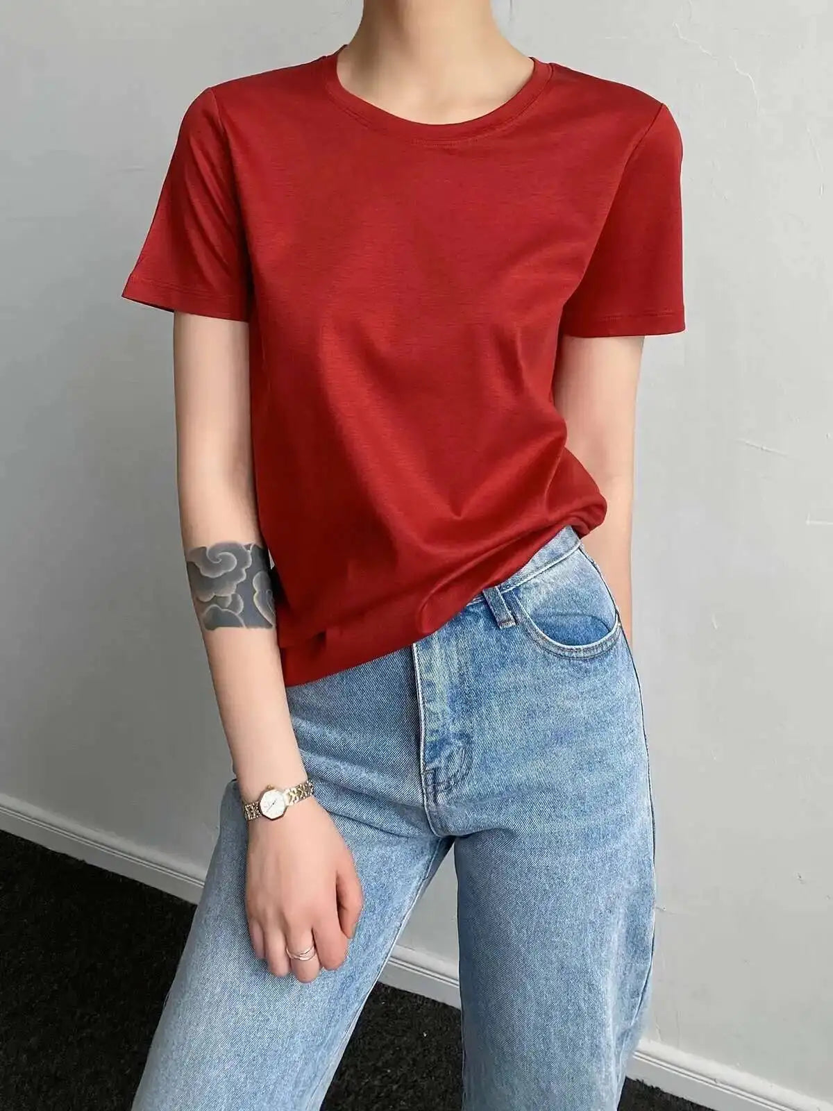 Women's Luxury Mulberry Silk Cotton T-Shirt – Loose Round Neck Short Sleeve Solid Basic Top