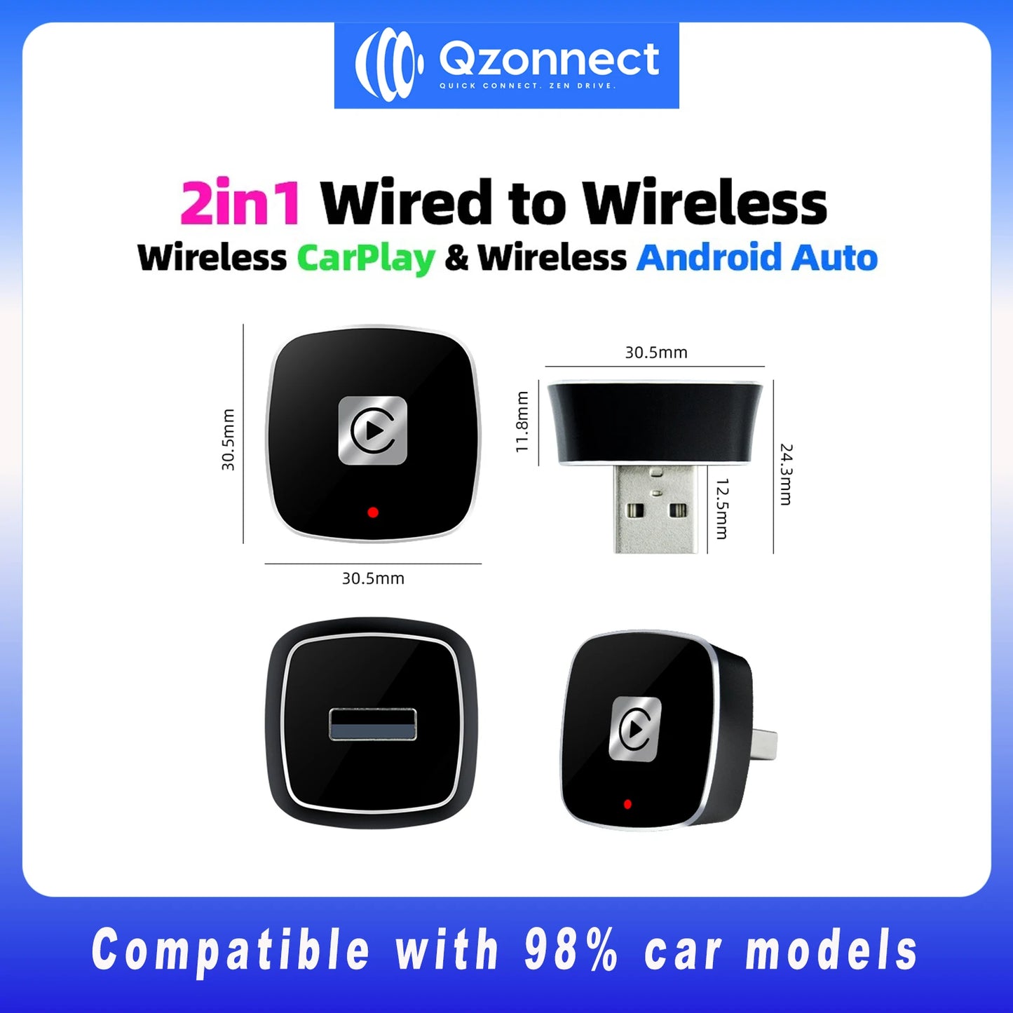 Qzonnect 2026 New Wireless CarPlay & Android Auto Adapter | Wireless Dongle – Ultra-Compact | For Factory-Wired CarPlay AA