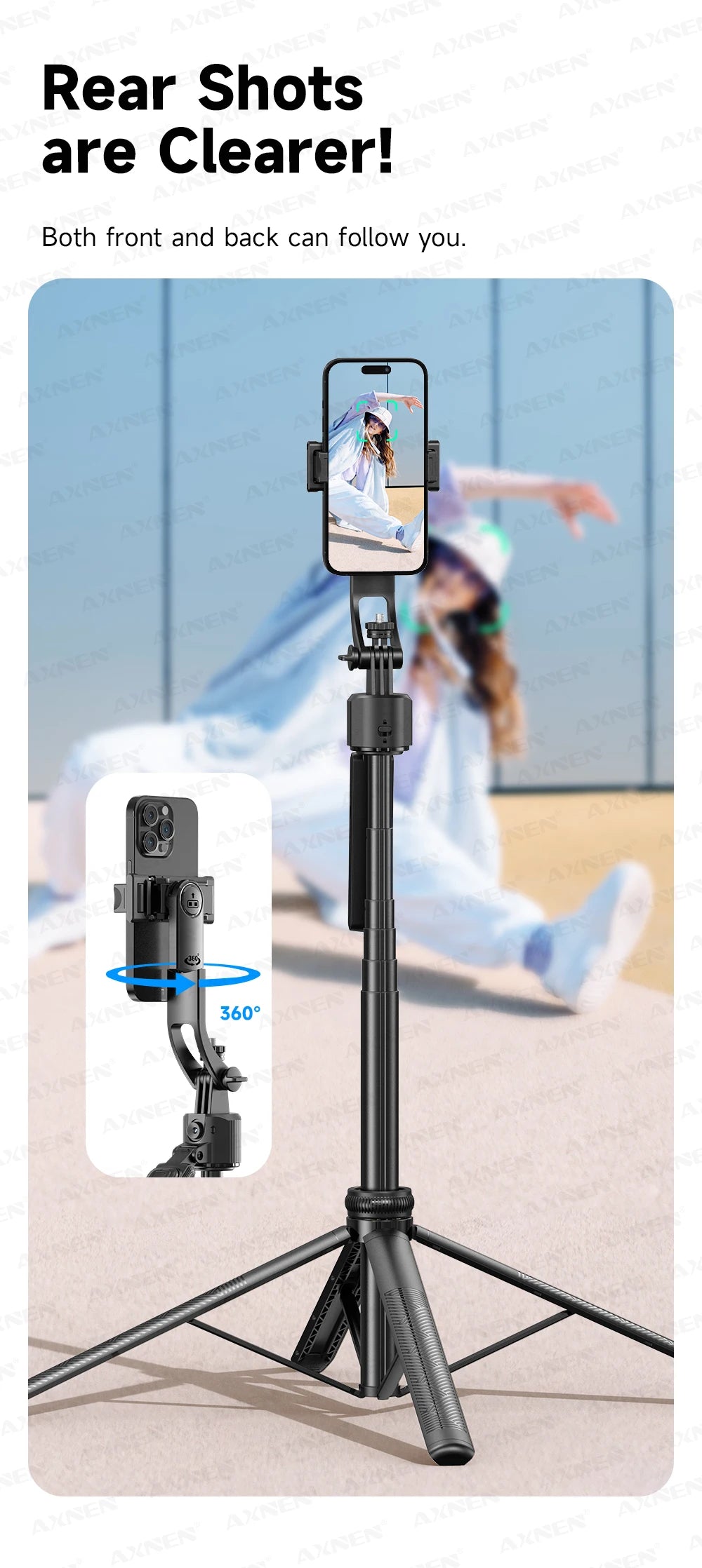 AXNEN C17 64" AI Face Tracking Selfie Stick Tripod – 360° Auto Rotation, Bluetooth Remote & Quadruped Stand