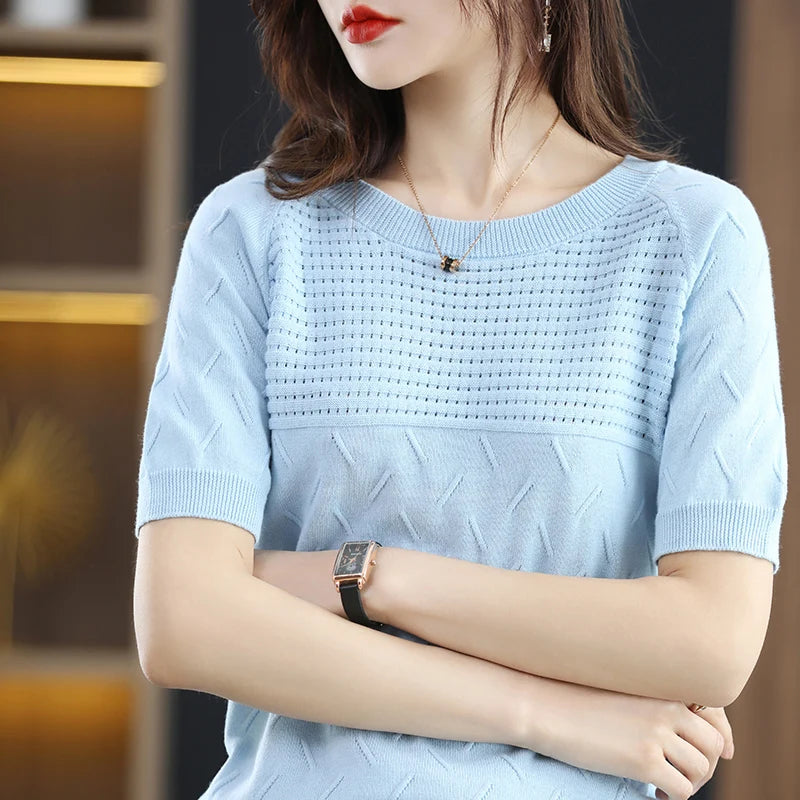 100% cotton short sleeve 2023 summer new women's round neck pullover loose knit solid color top casual vest fashion T-shirt