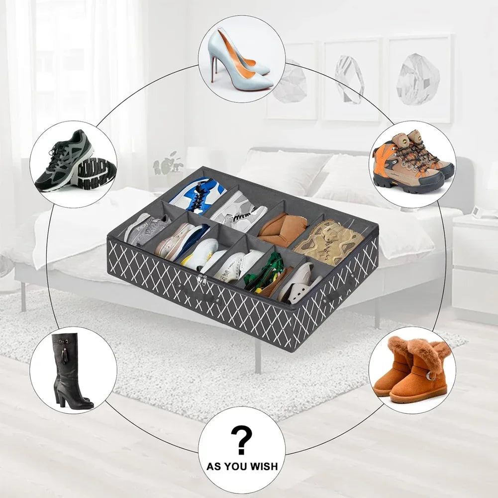 Under Bed Shoe Storage Organizer Fits 12 Pair Sneakers, Sturdy Structure Ultra Thick Fabic Sneaker Storage, Foldable Shoe Boxes