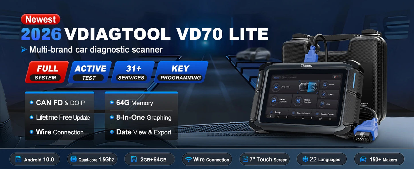 Lifetime Free Update VDIAGTOOL VD70Lite Automotive Scanner AII Systems Car Diagnostic 31 Reset FCA Bidirectional OBD2 Scanner