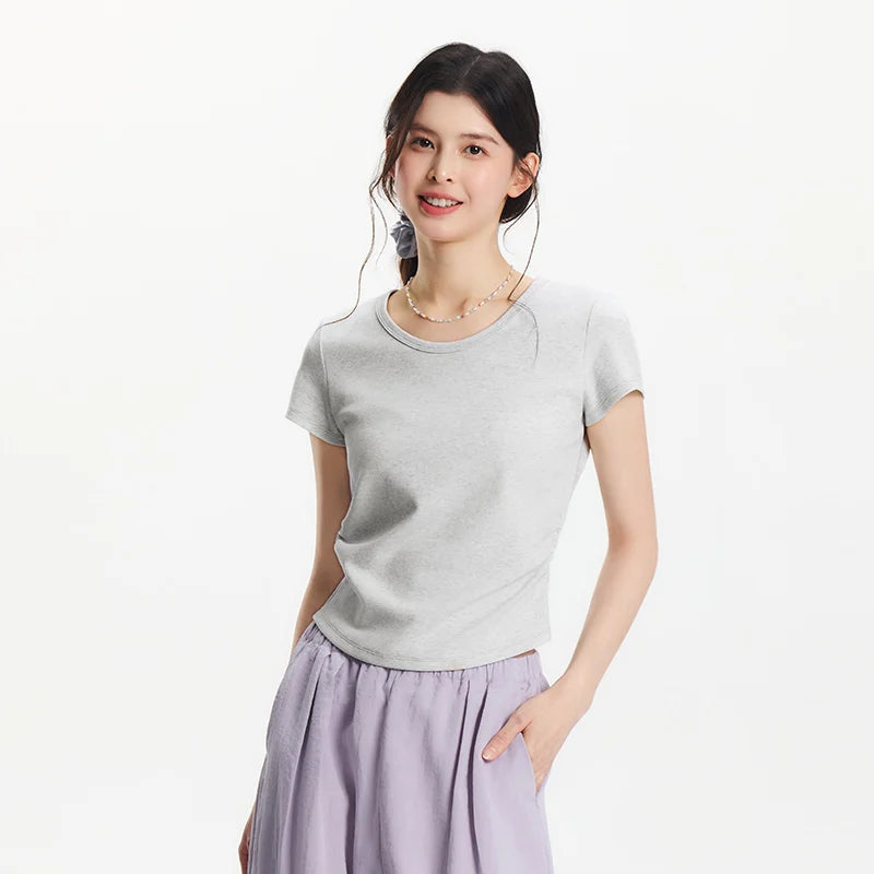 Semir Short Sleeve T-Shirt Women Cropped Slim Fit Shoulder Fit Design 2026 New Summer Embroidered Top Versatile for Chic Outfits
