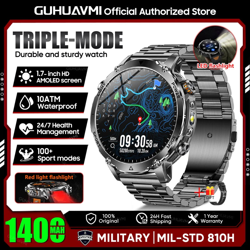 Rugged Outdoor Smart Watch — 1400mAh, 10ATM, Torch & BT Call